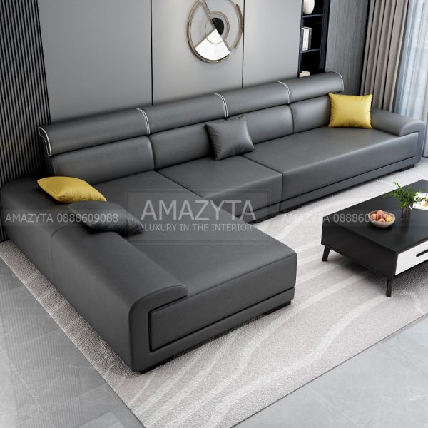 Bộ ghế sofa góc bọc da đen nhám AMG-698