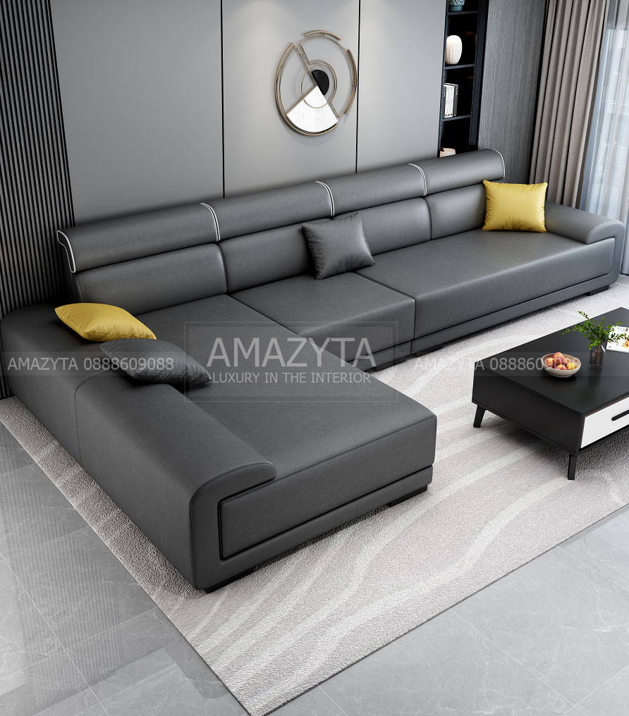 Bộ ghế sofa góc bọc da đen nhám AMG-698