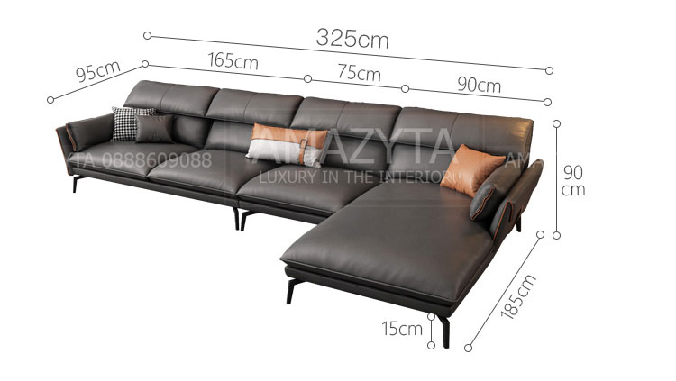 Kích thước chi tiết của mẫu ghế sofa góc