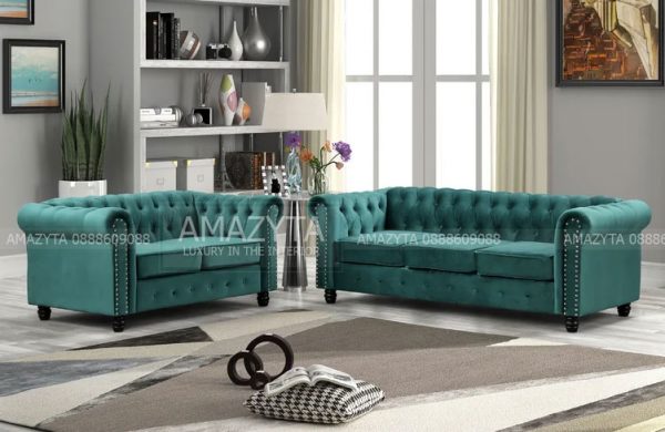 Mẫu ghế sofa tân cổ điển màu xanh