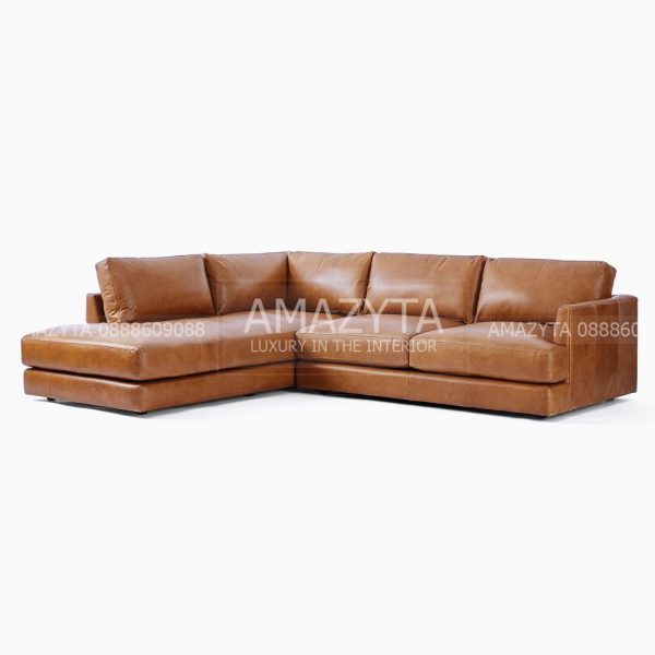 Mặt trước của ghế sofa góc da kiểu đơn giản cho không gian thiết kế tối giản