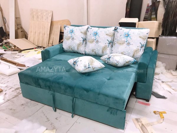 Sofa gam màu xanh nhung ấm áp, phù hợp với nhiều không gian