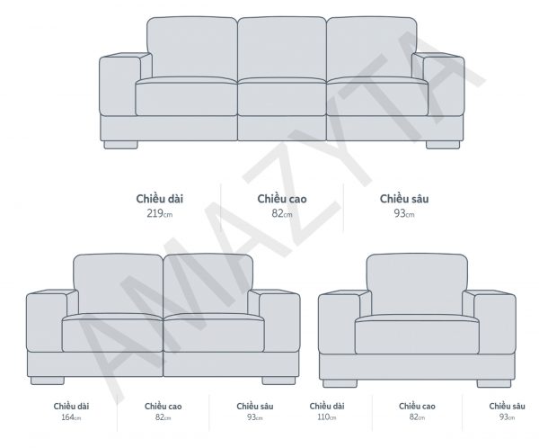 Kích thước chi tiết từng mẫu ghế của bộ ghế sofa AMB-543