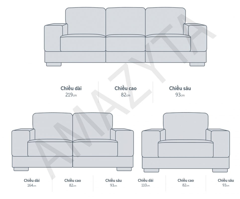 Kích thước chi tiết từng mẫu ghế của bộ ghế sofa AMB-543