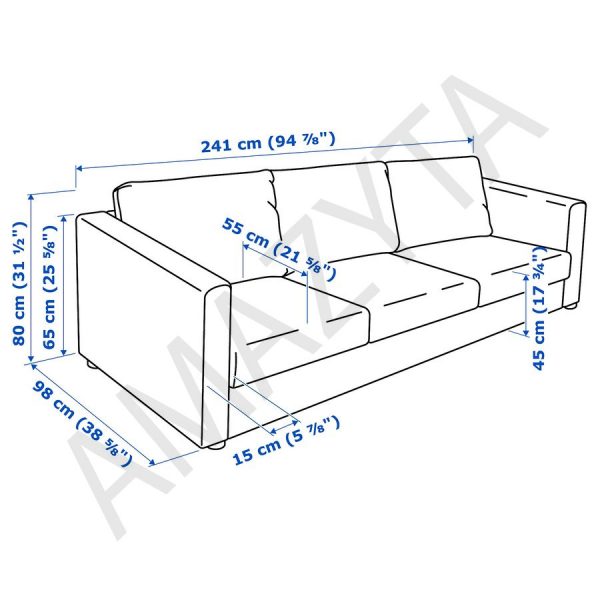 Kích thước chi tiết của mẫu ghế sofa băng bọc da ba chỗ ngồi