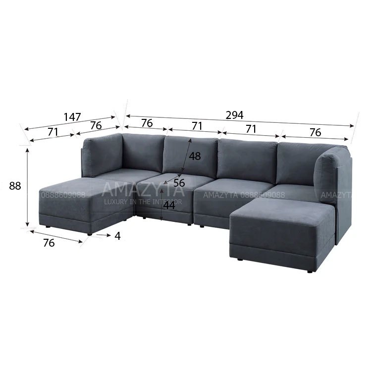 Kích thước chi tiết của mẫu sofa góc AMV-423
