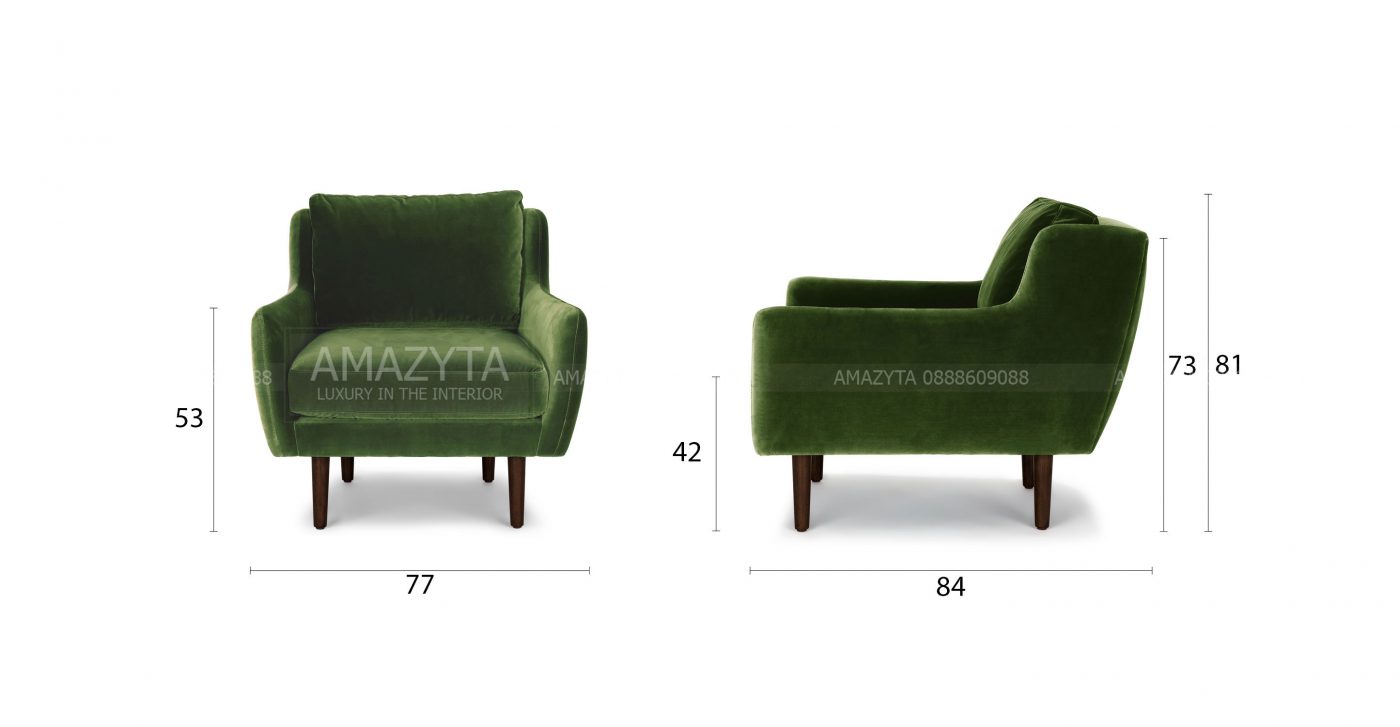 Kích thước chi tiết của mẫu sofa đơn vải nhung AMD-102