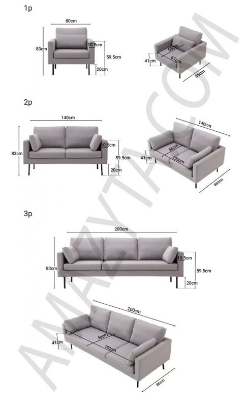 Kích thước chi tiết từng ghế của bộ ghế sofa AMB-947
