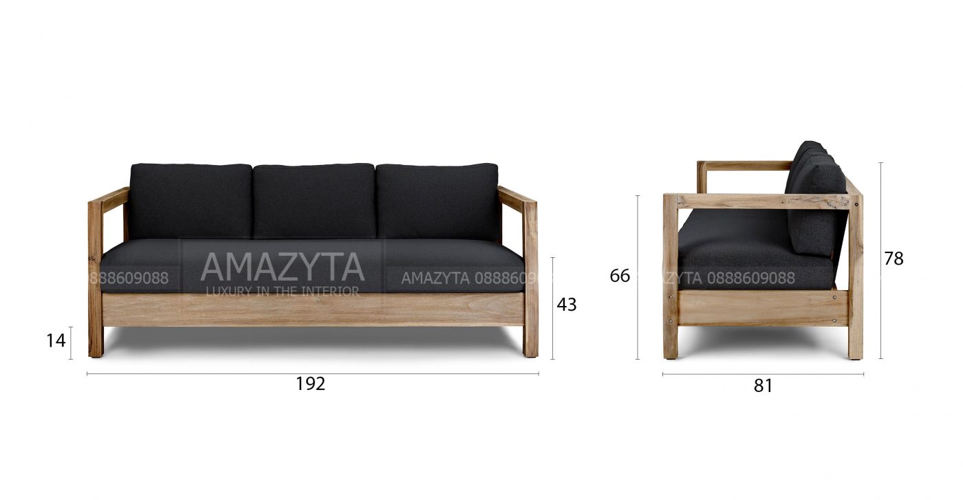 Kích thước chi tiết của mẫu ghế sofa khung gỗ đệm rời AMG-148