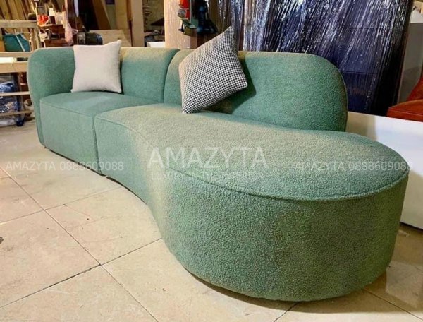 Ghế sofa cong lông cừu màu xanh lá siêu đẹp AMB-489
