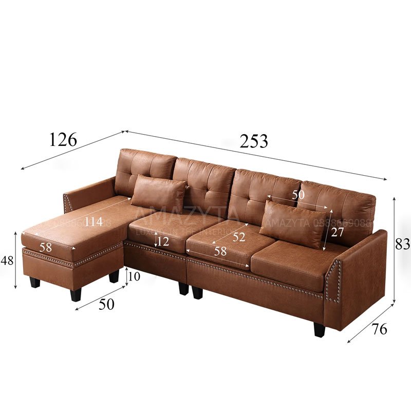 Kích thước chi tiết của mẫu ghế sofa da thật đinh đồng AMG-614
