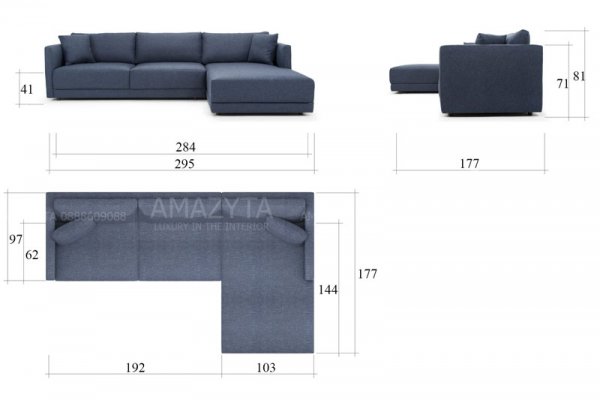Kích thước chi tiết của mẫu ghế sofa góc vải thô AMG-325