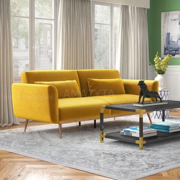 Mẫu ghế sofa băng làm từ vải nhung vàng nghệ đẹp AMB-680
