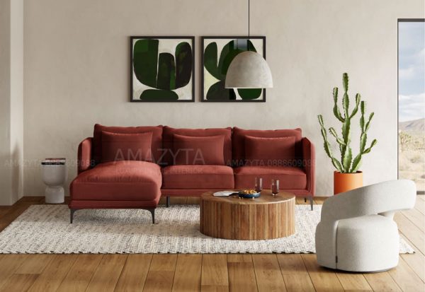 Bộ ghế sofa góc vải nhung màu đỏ bã trầu siêu đẹp