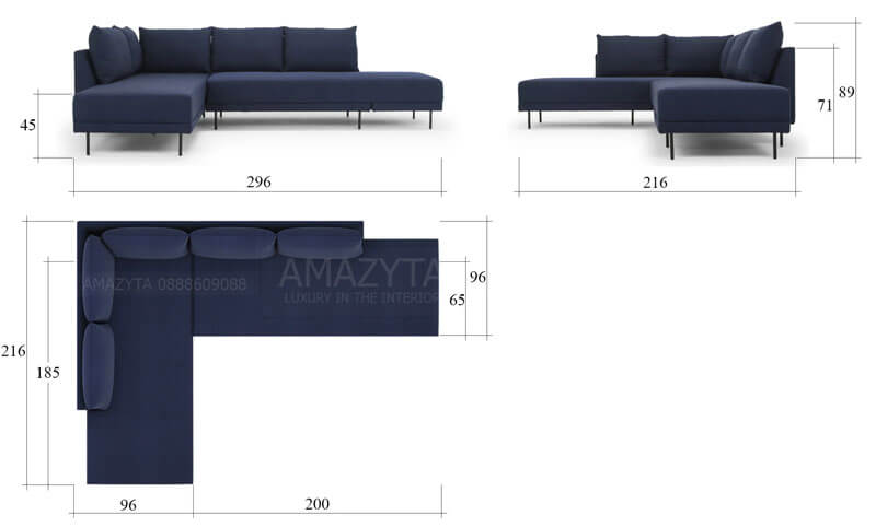 Kích thước cụ thể từng phần của mẫu ghế sofa góc AMG-623