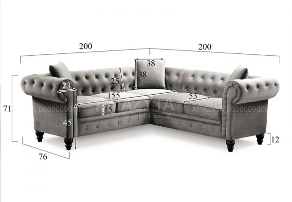 Kích thước chi tiết của mẫu ghế sofa góc tân cổ điển AMG-987