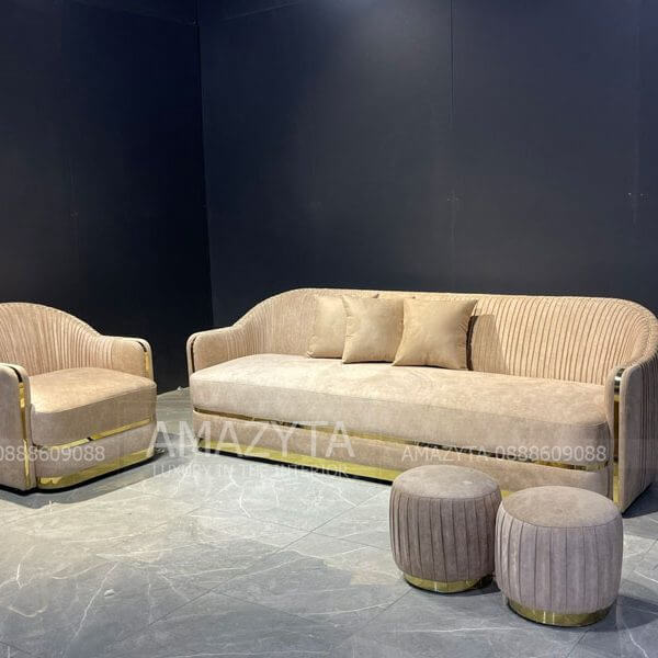 Bộ ghế sofa nẹp inox mạ vàng siêu sang cho phòng khách AMB-349