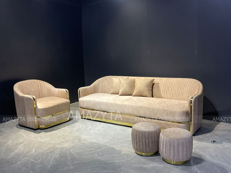 Bộ ghế sofa nẹp inox mạ vàng siêu sang cho phòng khách AMB-349