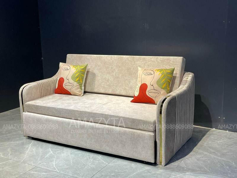 Mẫu ghế sofa giường AMG-581 với thiết kế xếp li và nẹp mạ vàng sang trọng