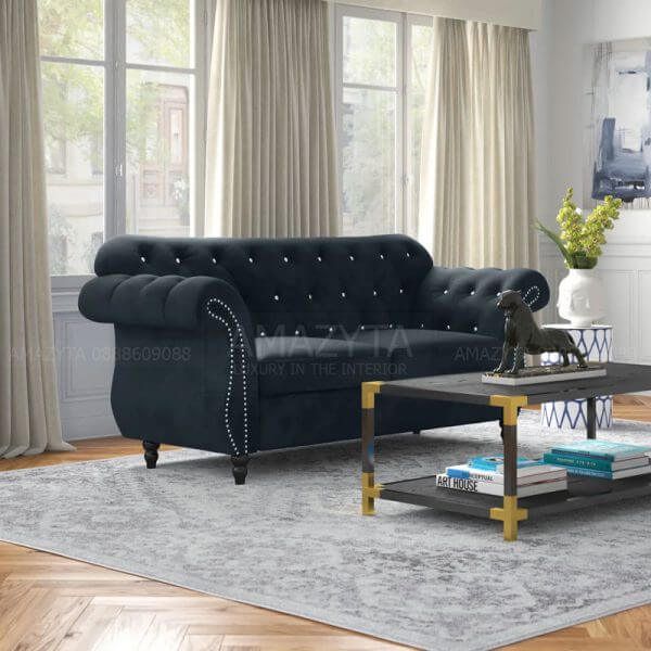 Mẫu ghế sofa đính cúc đá sang trọng với hai tông màu đen và xanh dương