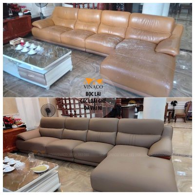 hình ảnh sofa trước và sau khi bọc lại bằng da microfiber cao cấp của Vinaco