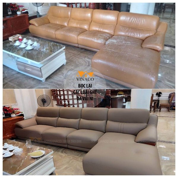 hình ảnh sofa trước và sau khi bọc lại bằng da microfiber cao cấp của Vinaco