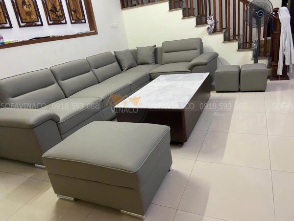 Bộ bàn ghế sofa góc chữ L giả da cao cấp sau khi được lắp đặt tại nhà khách hàng