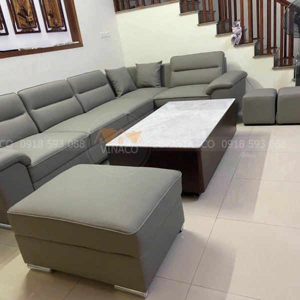 Bộ bàn ghế sofa góc chữ L giả da cao cấp sau khi được lắp đặt tại nhà khách hàng